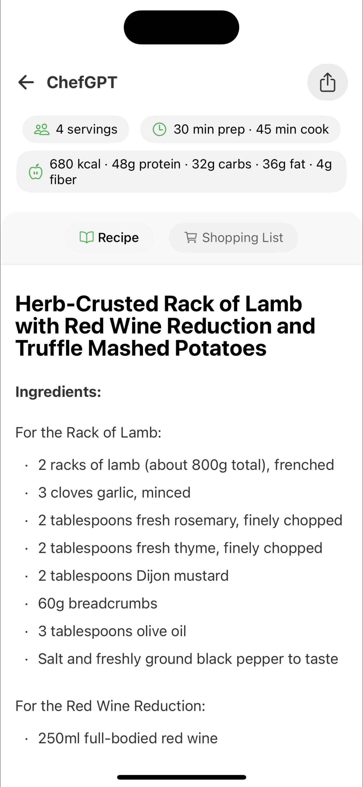 Recipe generated by ChefGPT