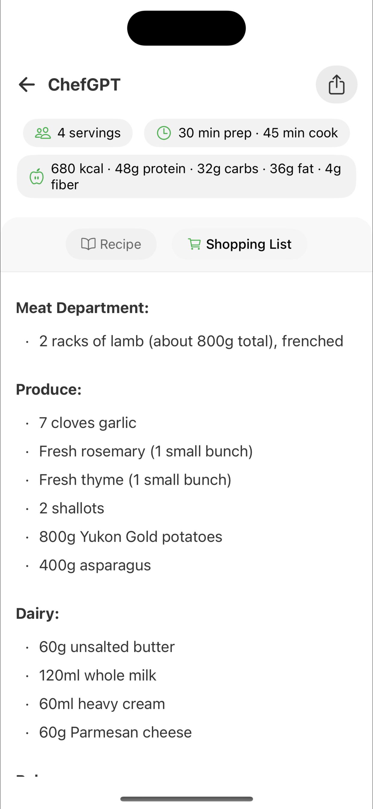Shopping list generated by ChefGPT