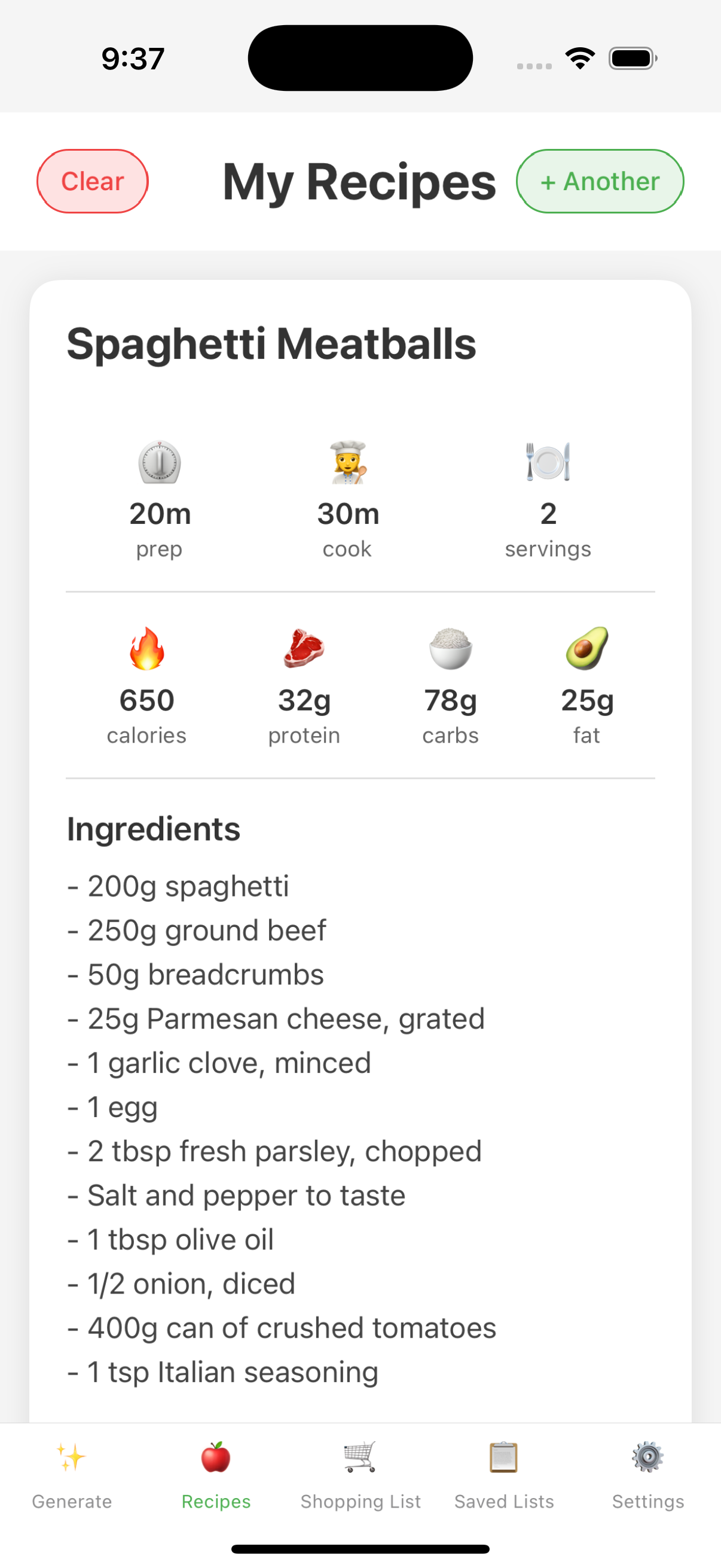 ChefGPT Recipes Screen