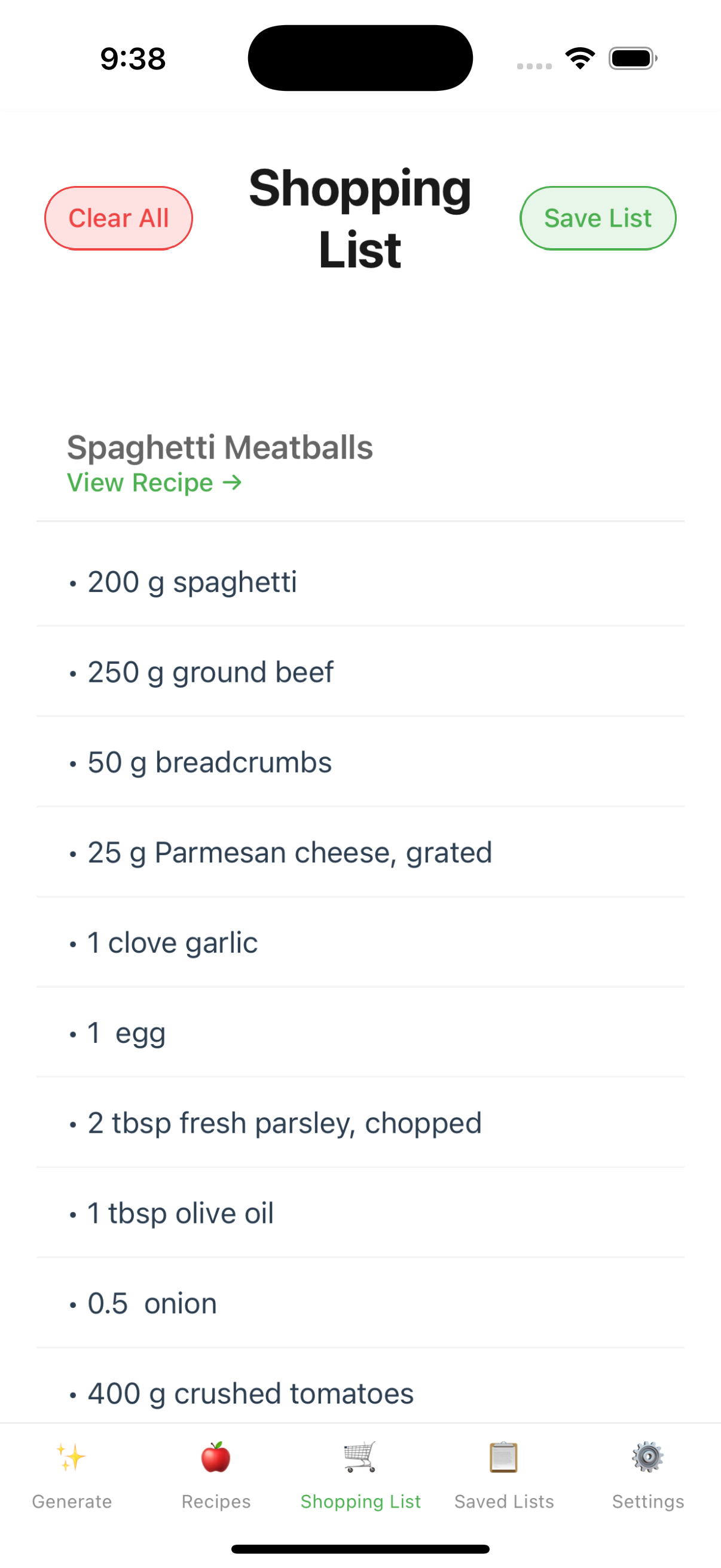 ChefGPT Shopping List Screen